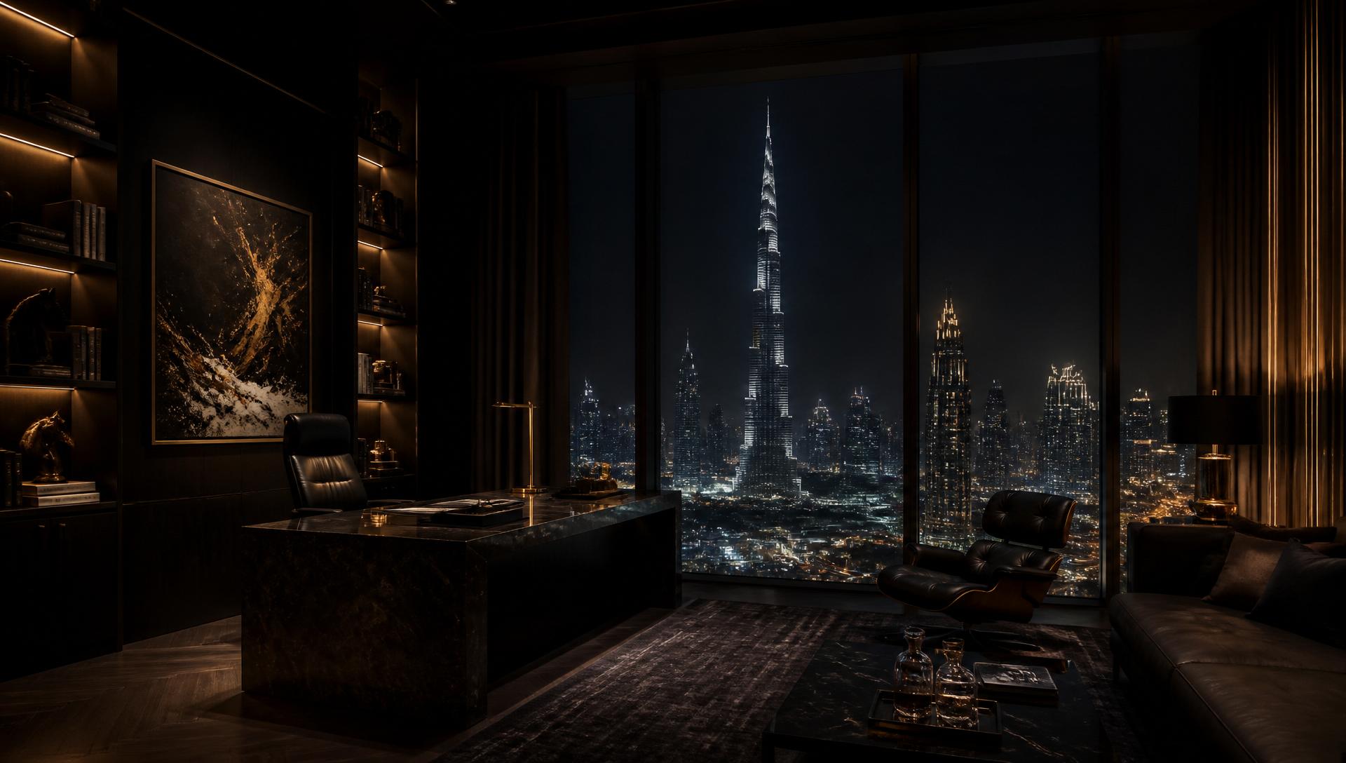 Private Black Card Velvet office overlooking Dubai skyline at night